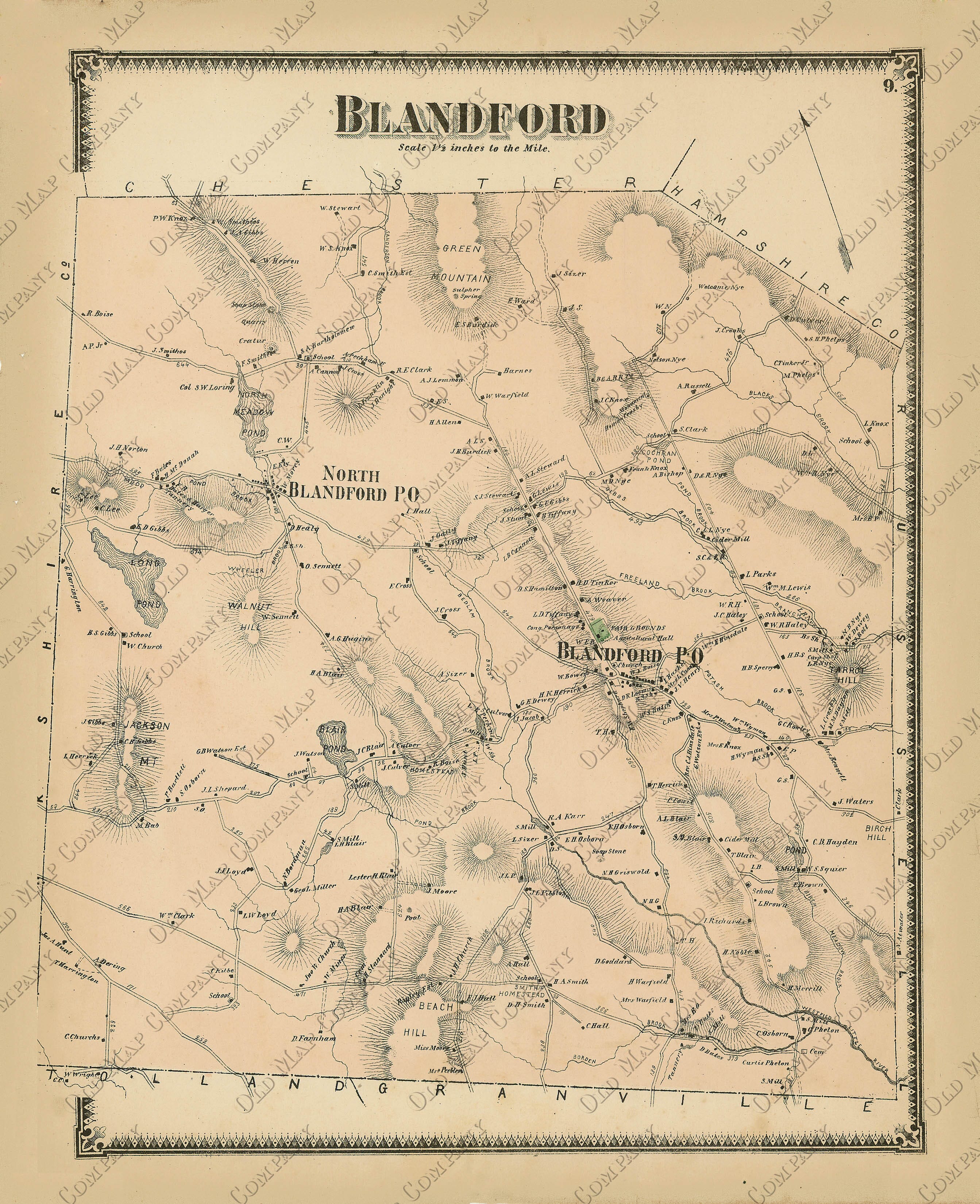 BLANDFORD, Massachusetts 1870 Map Replica or Genuine ORIGINAL